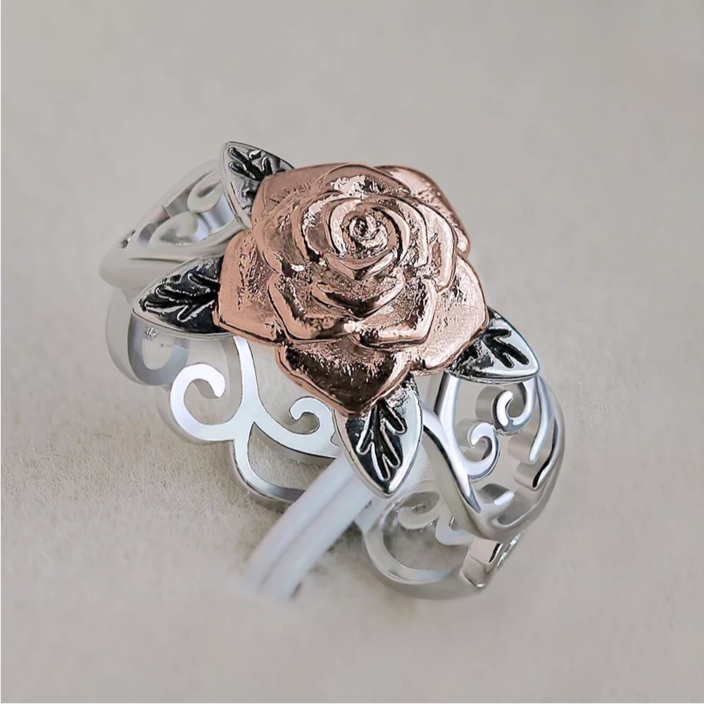 Beautiful New 14k Rose Gold Sterling Silver Rose Ring - Picture 2 of 7